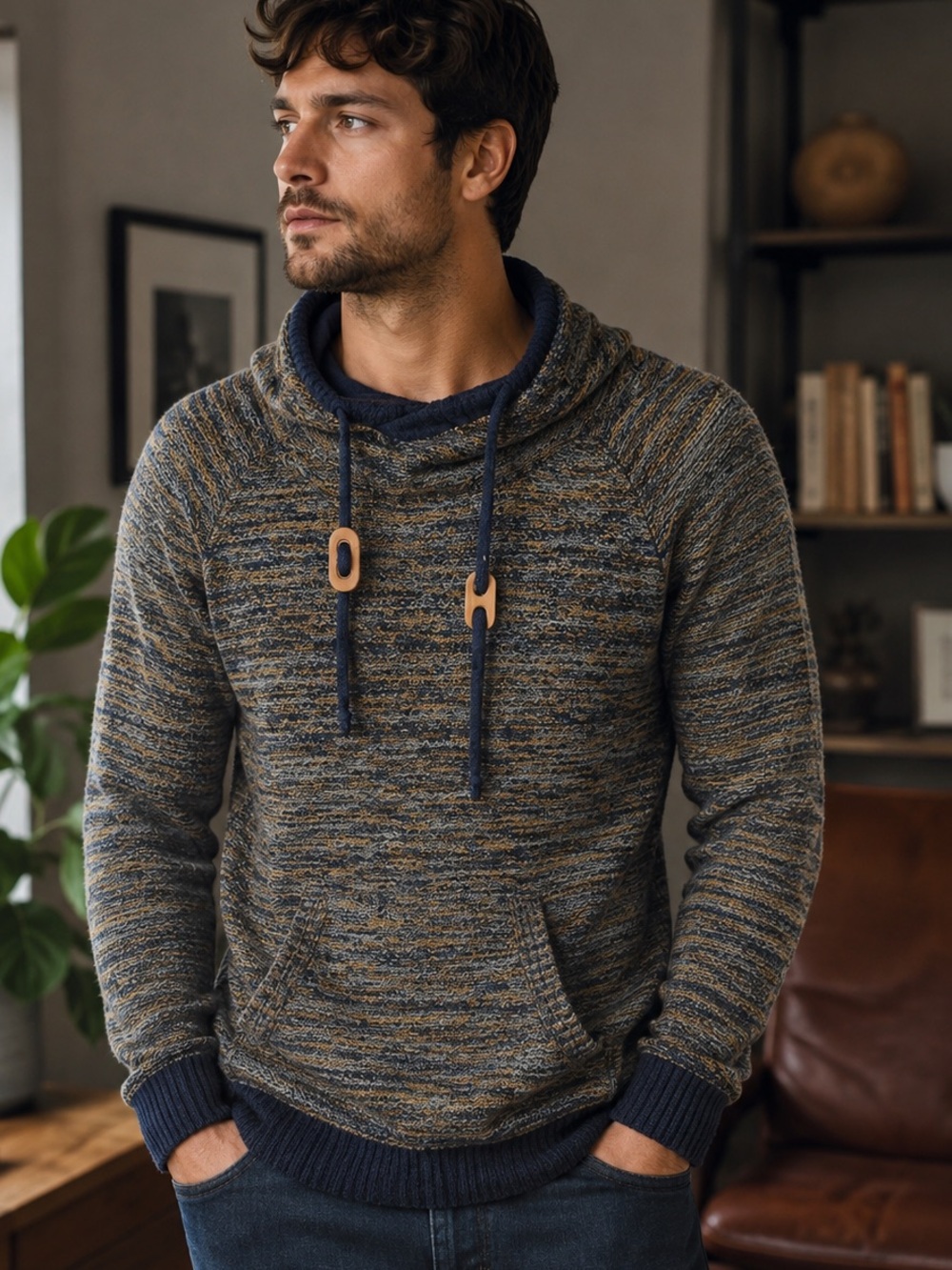 Point Zero Marled Navy and Gray Hooded Knit Sweater
